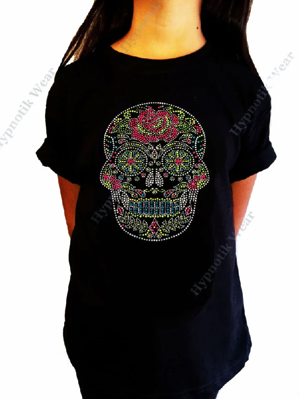 Girls Rhinestone / Suds T-Shirt " Colorful Sugar Skull with Rose " Size 3 to 14 Halloween