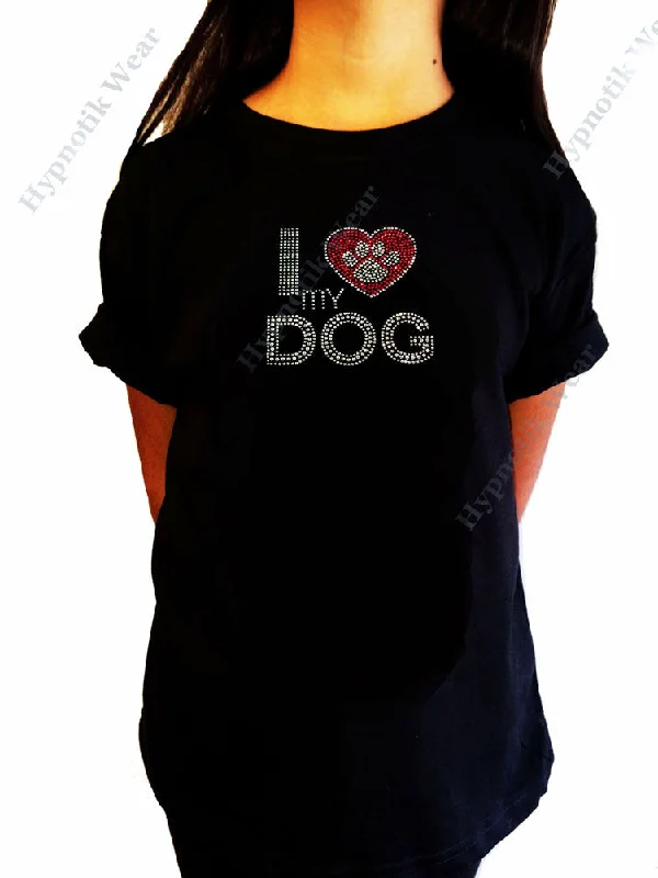 Girls Rhinestone T-Shirt " I Love my Dog with Paw " Kids Size 3 to 14 Available