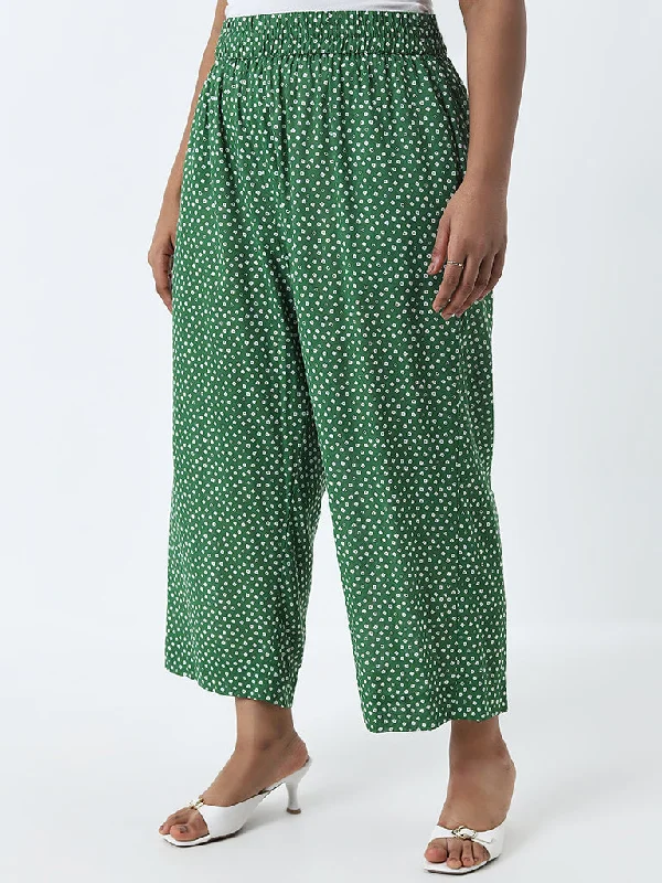 Diza Green Bandhani Printed High-Rise Cotton Palazzos