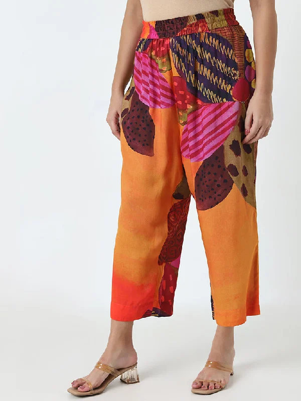 Diza Orange Tropical Printed High-Rise Palazzos