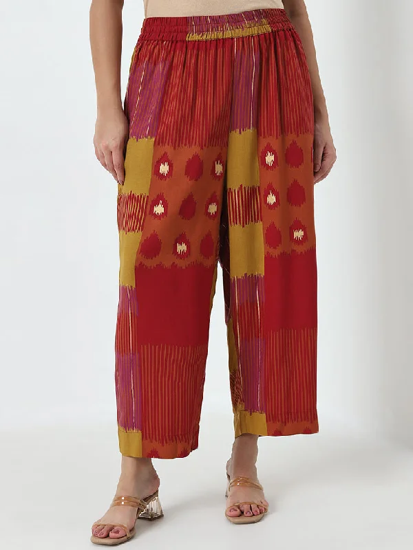 Diza Red Printed High-Rise Palazzos