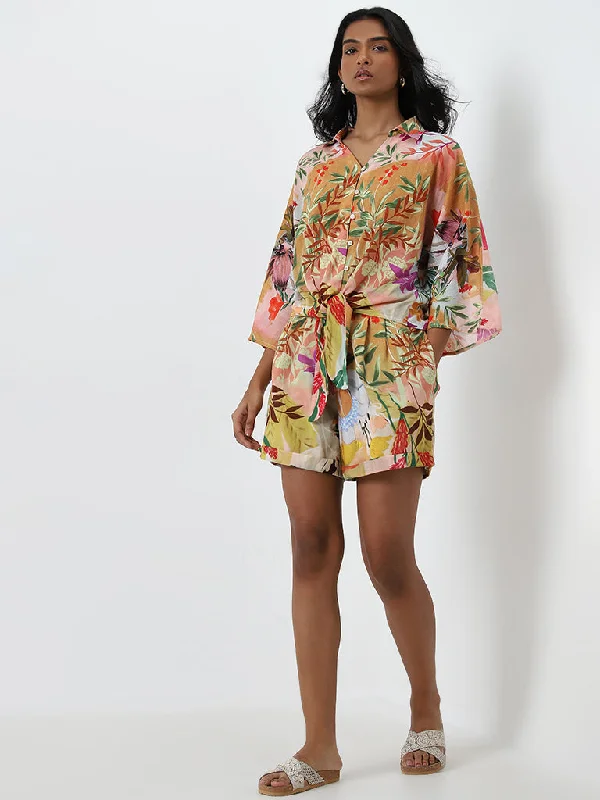 LOV Multicolour Botanical Printed High-Rise Shorts