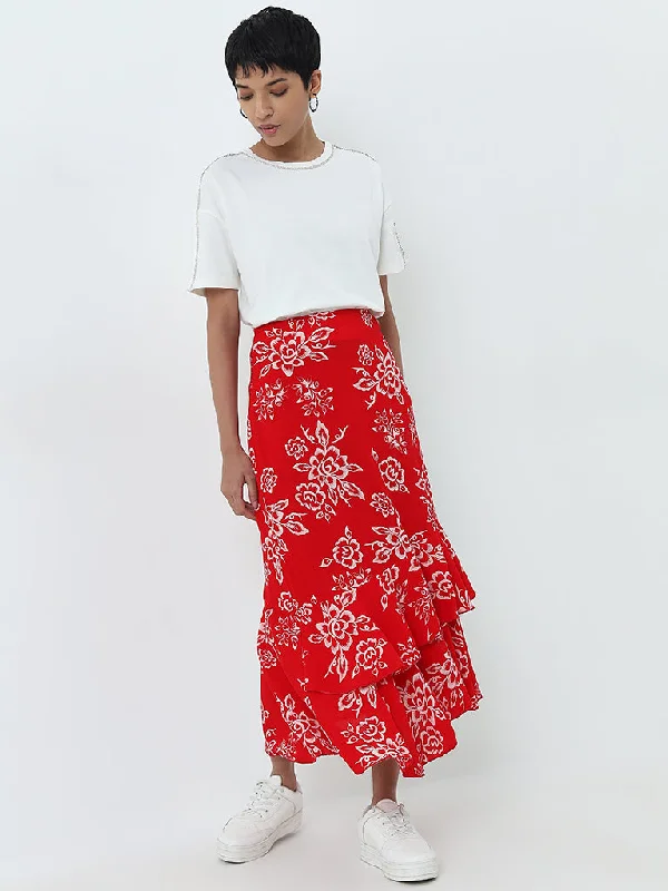 LOV Red Floral Printed Ruffled High-Rise Skirt