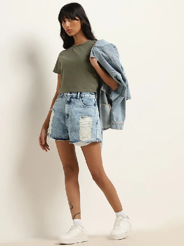 Nuon Blue Ripped High-Rise Denim Shorts