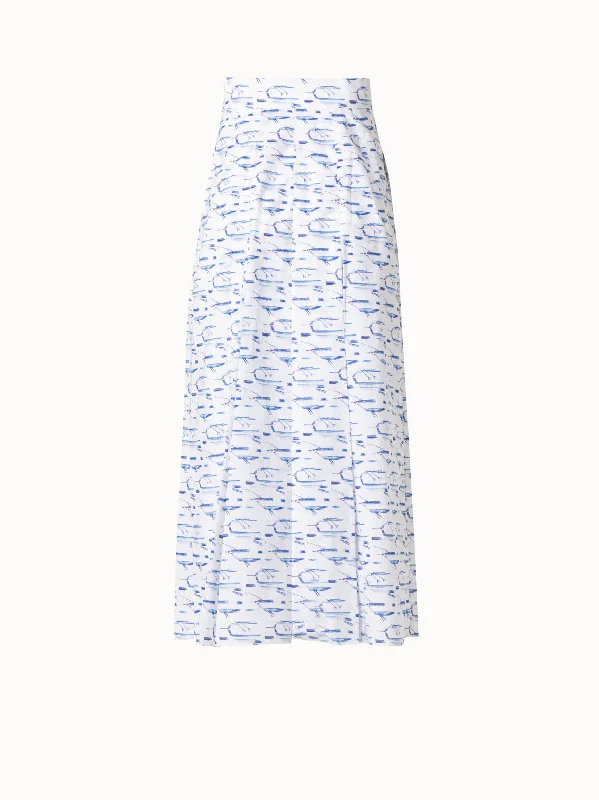 Pleated Cotton Midi Skirt with Kasuri Birds Print