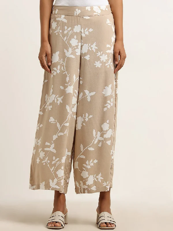 Utsa Beige Leaf Printed Mid Rise Palazzos