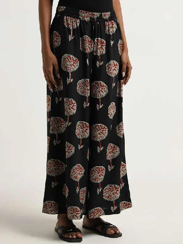 Utsa Black Foliage Printed High-Rise Palazzos