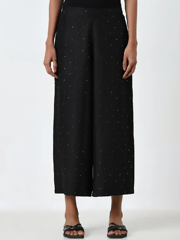 Utsa Black Polka Dot Design High-Rise Palazzos