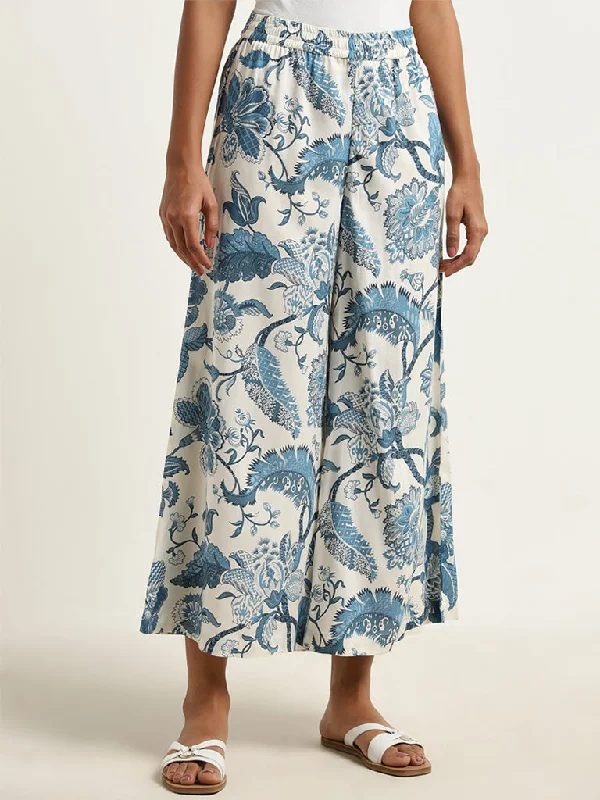 Utsa Blue Botanical Design Mid-Rise Palazzos