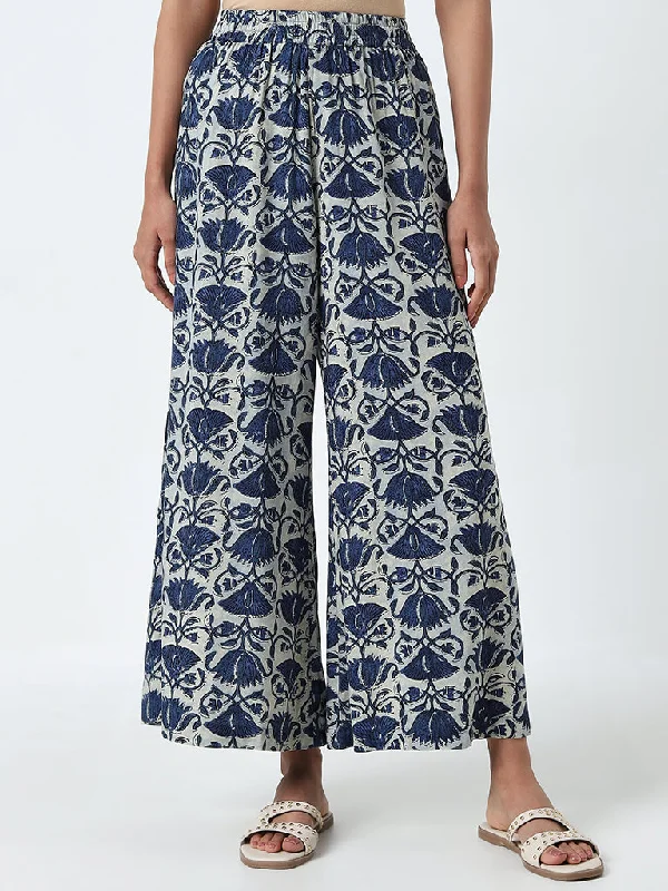 Utsa Blue Floral Patterned High-Rise Cotton Palazzos