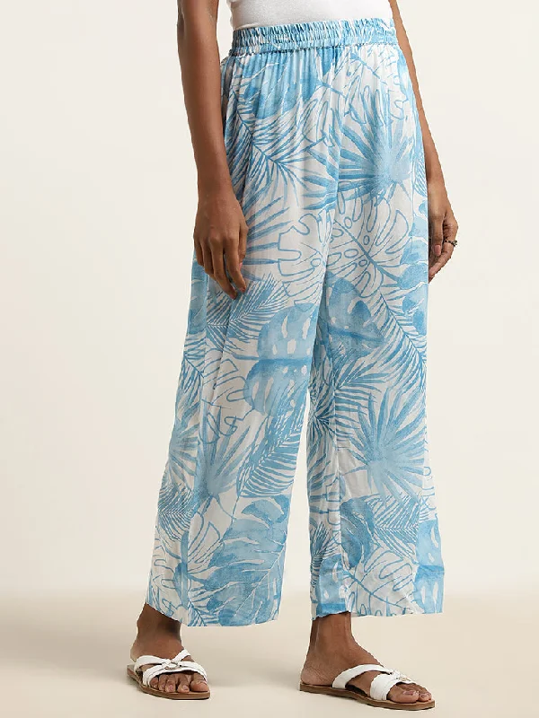 Utsa Blue Leaf Printed High-Rise Palazzos