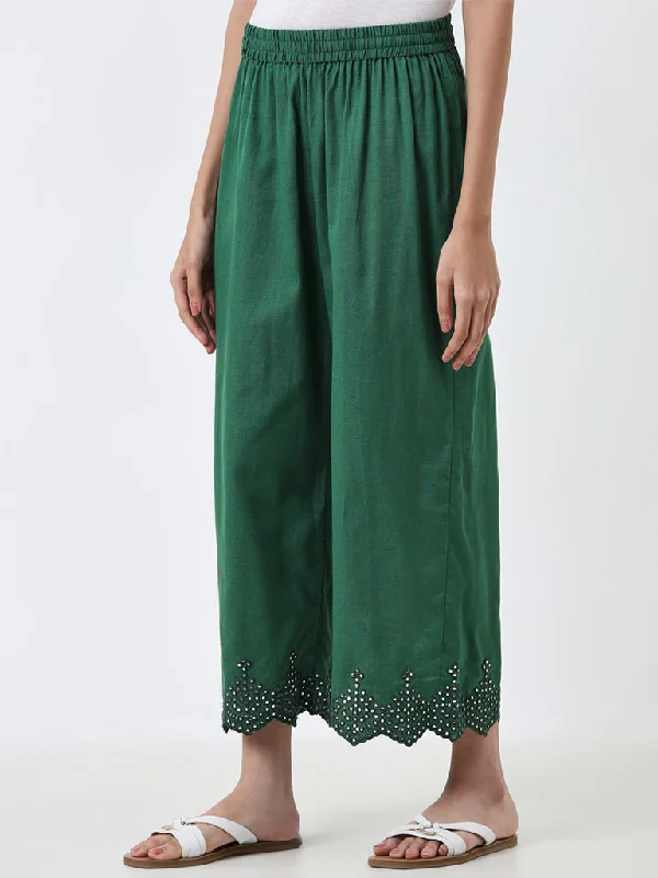 Utsa Dark Green Embellished High-Rise Cotton Blend Palazzos