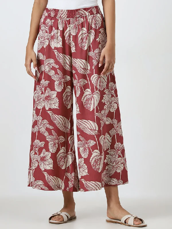 Utsa Dusty Pink Leaf Printed High-Rise Palazzos