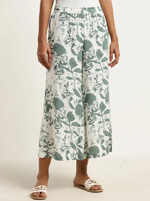 Utsa Green Floral Printed Mid-Rise Palazzos