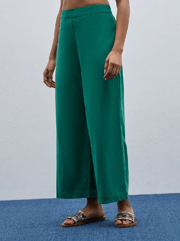 Utsa Green Textured High-Rise Cotton Palazzos