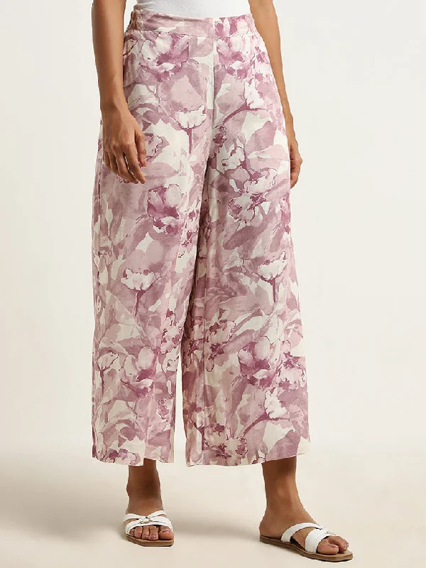 Utsa Lilac Floral Pattern Mid-Rise Palazzos