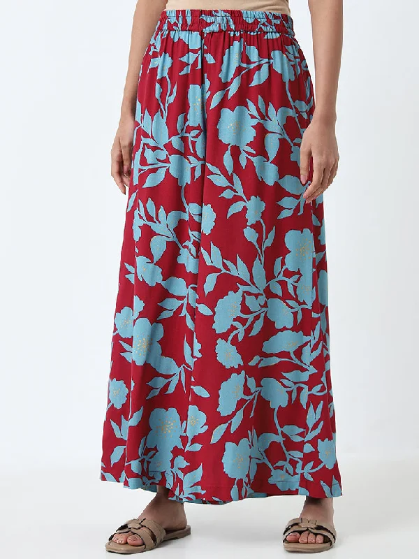 Utsa Maroon Floral Printed High-Rise Palazzos