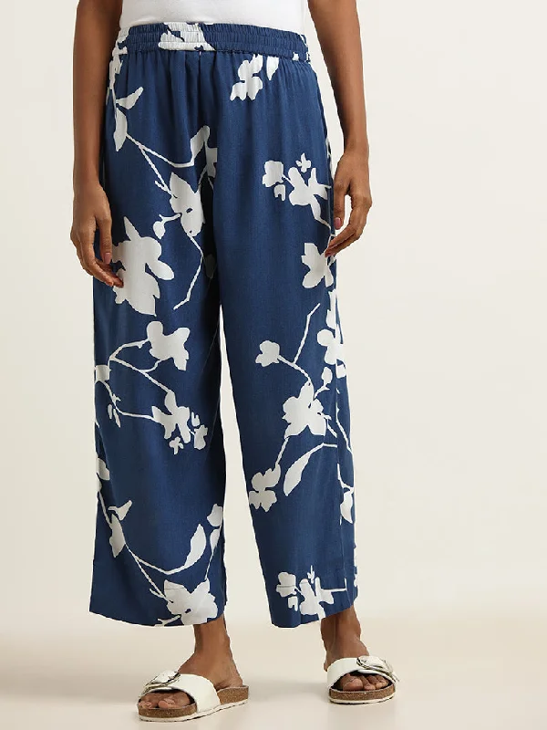 Utsa Navy Floral Print Palazzos