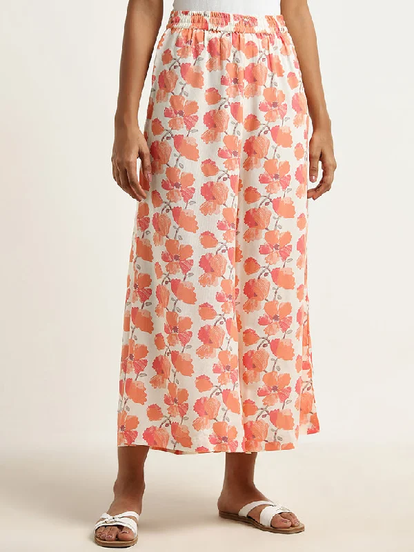 Utsa Orange Floral Printed Mid-Rise Palazzos