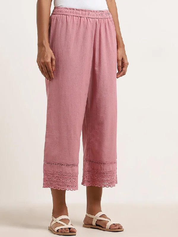 Utsa Pink Crochet-Detailed High-Rise Cotton Blend Palazzos