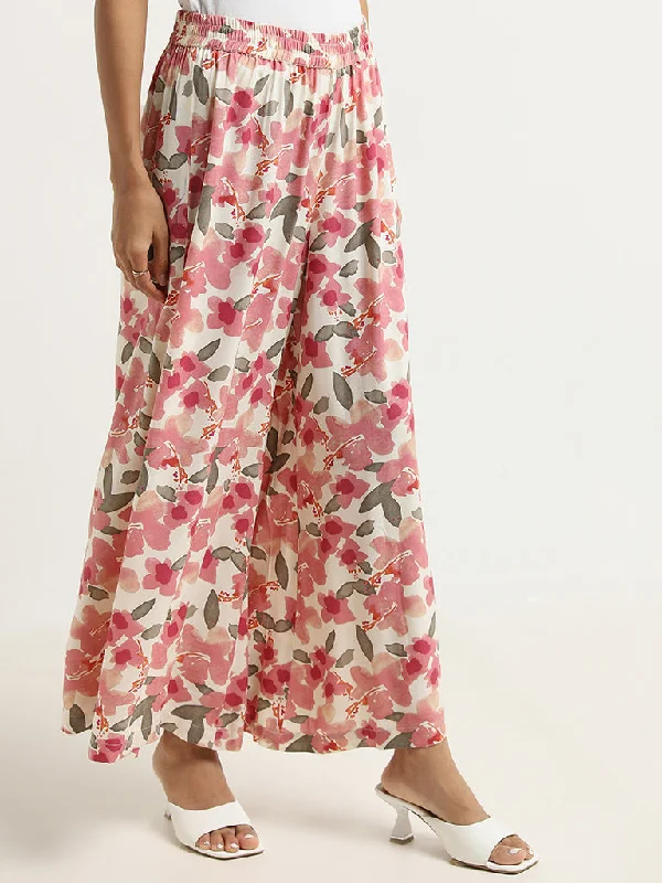 Utsa Pink Floral Patterned Mid-Rise Palazzos