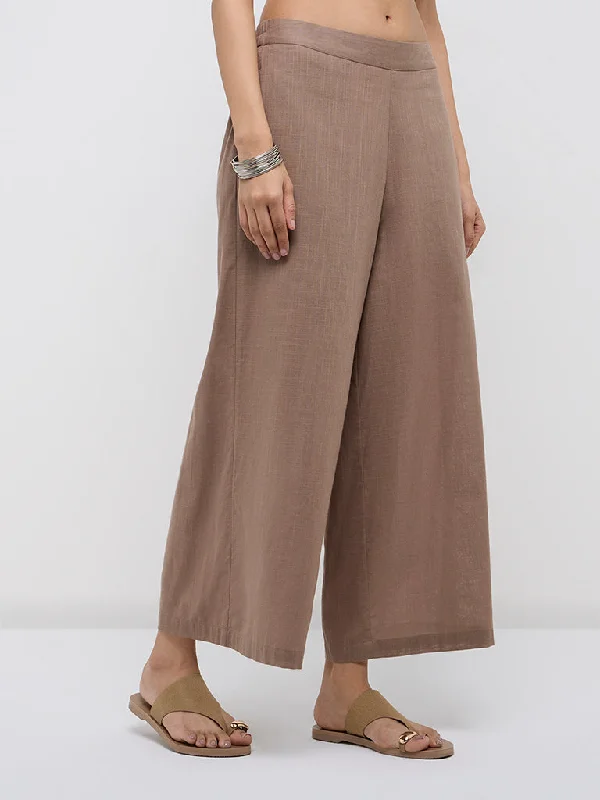 Utsa Taupe Solid Cotton Palazzos