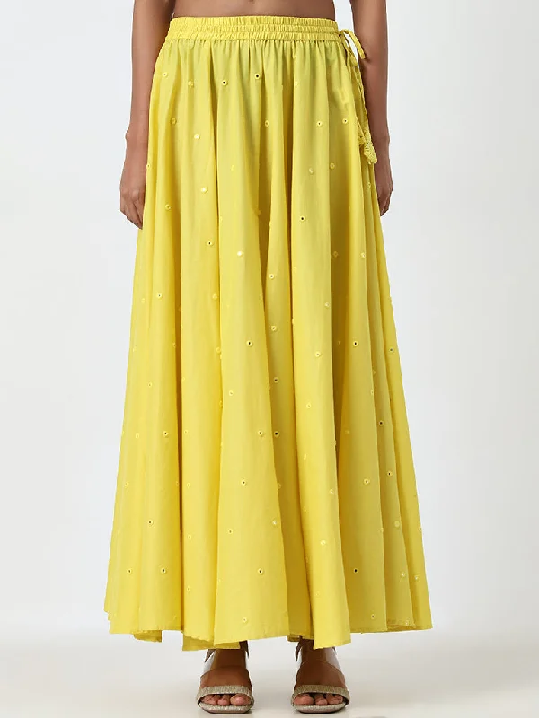 Utsa Yellow Mirror Work Mid-Rise Cotton Skirt