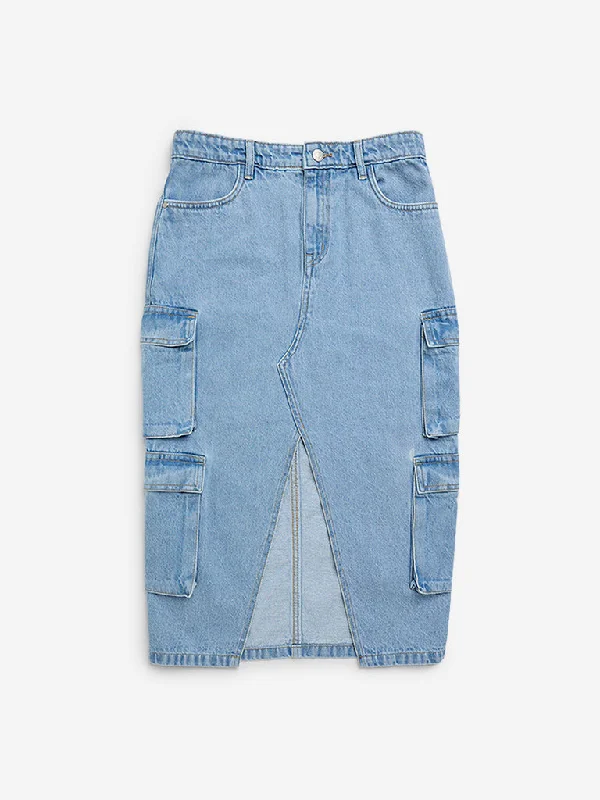 Y&F Kids Light Blue Slit-Detailed High-Rise Skirt