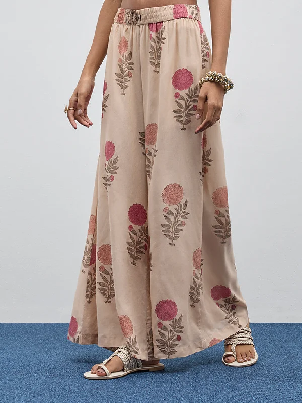 Zuba Beige Floral Printed High-Rise Palazzos