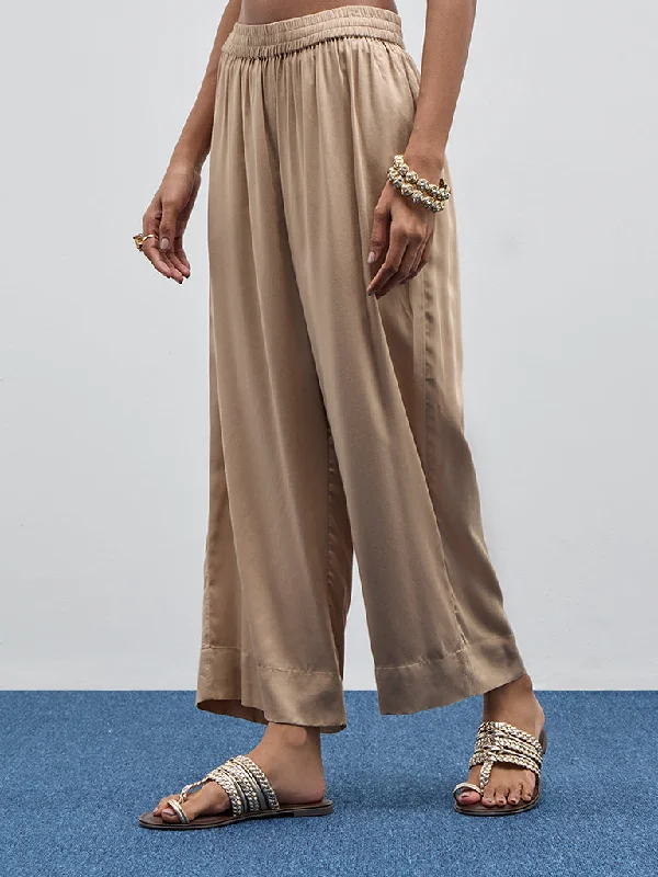 Zuba Beige Solid High-Rise Palazzos