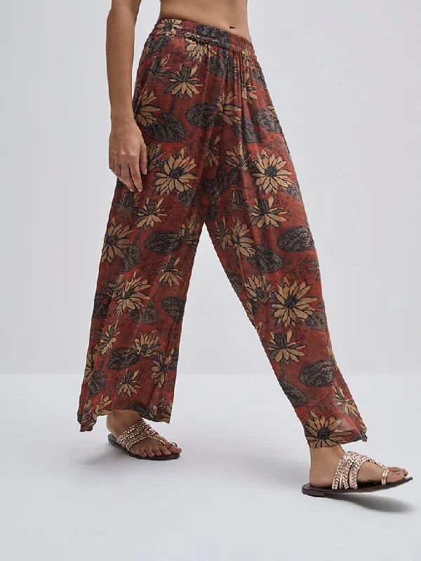 Zuba Brown Floral Printed High-Rise Palazzos