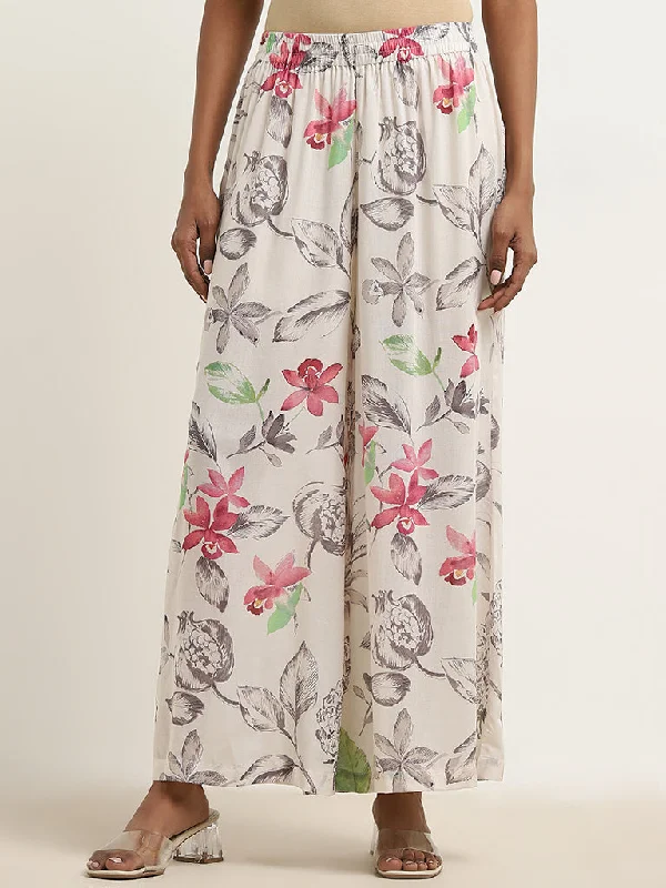 Zuba Off-White Floral Design High-Rise Palazzos