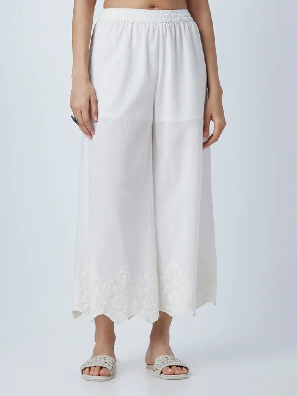 Zuba Off-White Solid  Cotton Palazzos