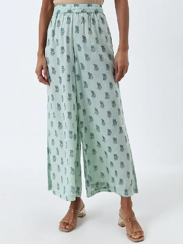 Zuba Sea Green Floral Printed High-Rise Palazzos