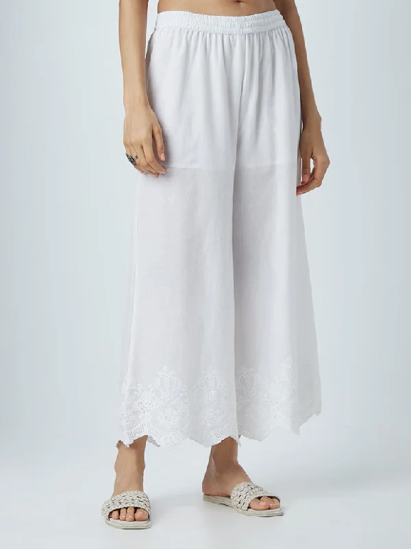 Zuba White Solid Cotton Palazzos