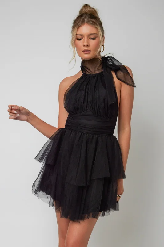 Andria Halterneck Tulle Mini Dress Black