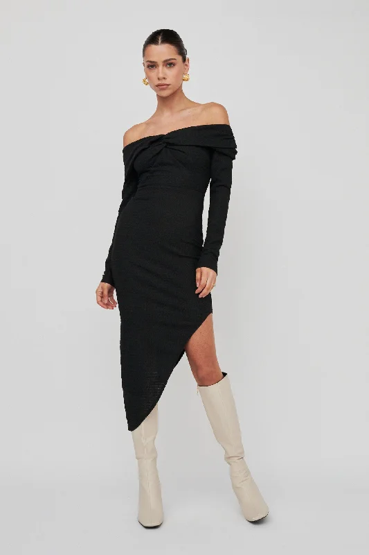 Annalora One-Shoulder Long Sleeve Midi Dress Black