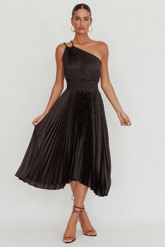 Calissa One Shoulder Pleated Midi Dress Black