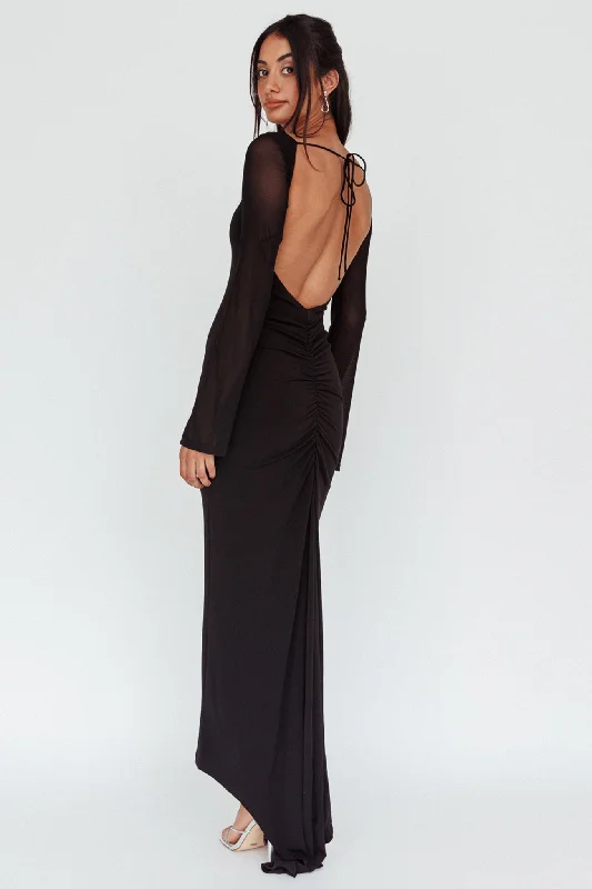 Crystal Ball Open Back Ruched Maxi Dress Black