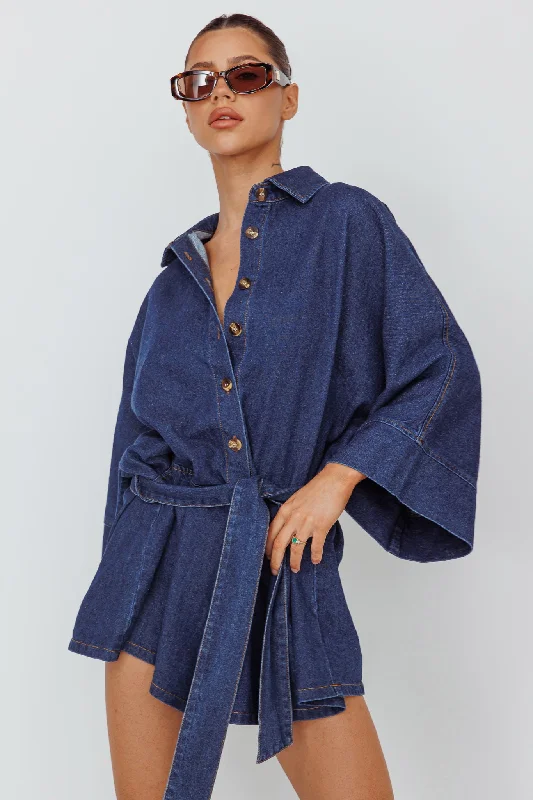 Daytona Beach Long Sleeve Shirt Romper Indigo