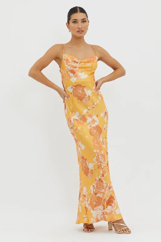 Dream Walk Cowl Back Tied Dress Print Orange