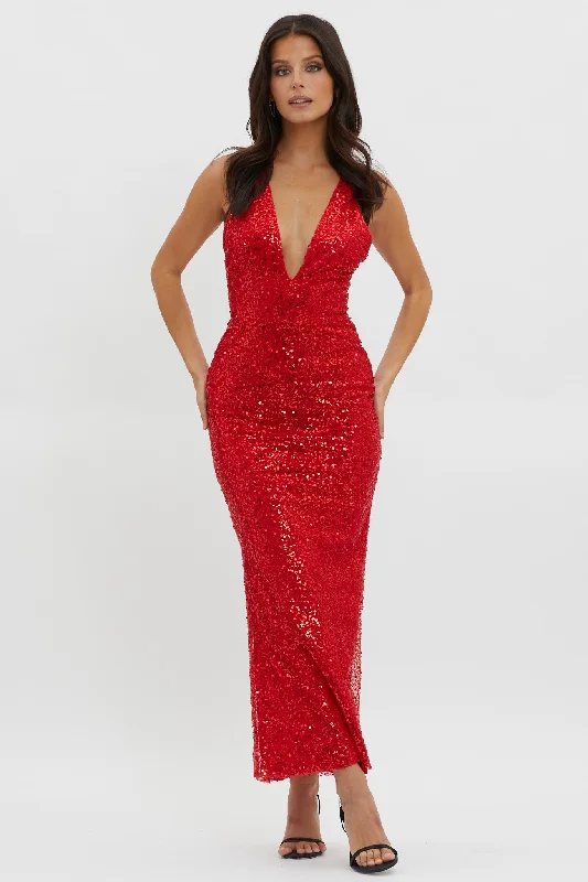 Glitter Nights Plunging Neckline Sequin Dress Red