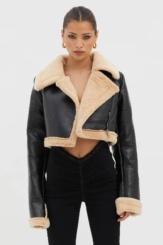 High Altitude Faux Fur Biker Jacket Black/Taupe