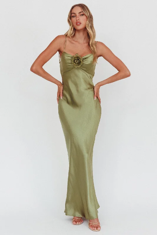 High Roller Cowl Back Rosette Maxi Dress Olive