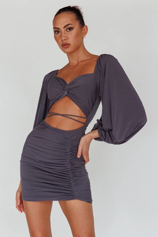 In Luck Cut-Out Waist Ruched Mini Dress Charcoal