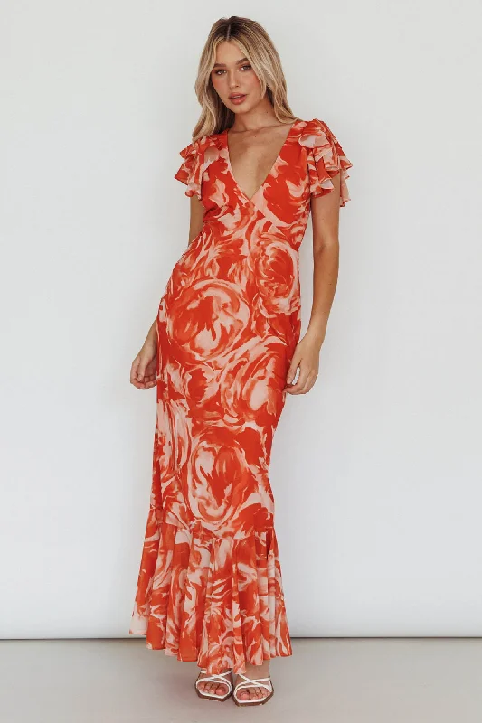 Lydiah Ruffle Sleeve Maxi Dress Floral Orange