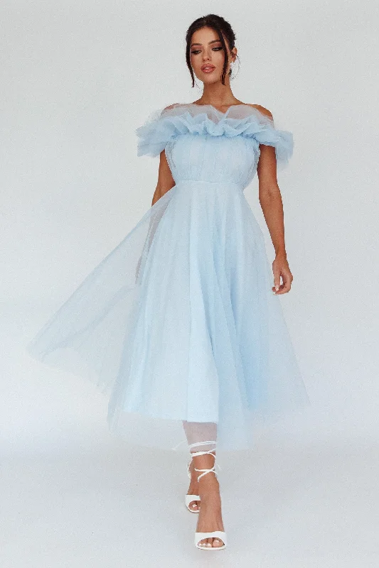 May Rose Off-Shoulder Tulle Midi Dress Light Blue