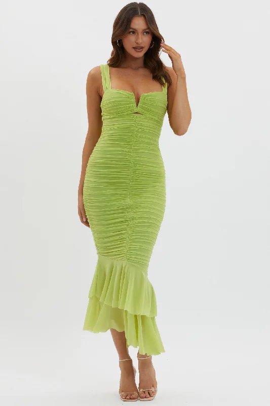 Nadia Ruched Fishtail Maxi Dress Lime