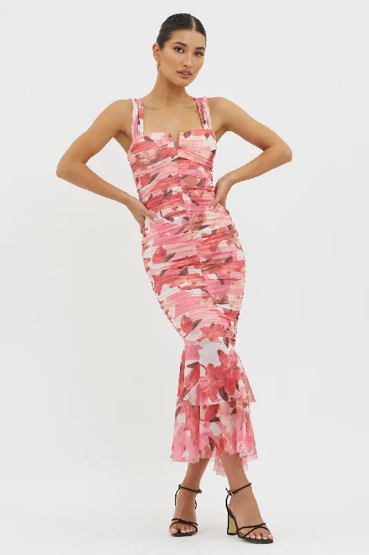 Nadia Ruched Fishtail Midi Dress Floral Pink