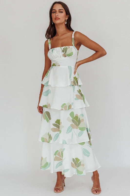 Provence Bloom Tiered Floral Maxi Dress Green